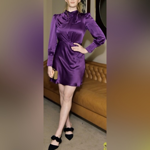 Kate Spade silk dress w/ draped neckline, long balloons sleeves. Midi. Purple 14 - Picture 3 of 16